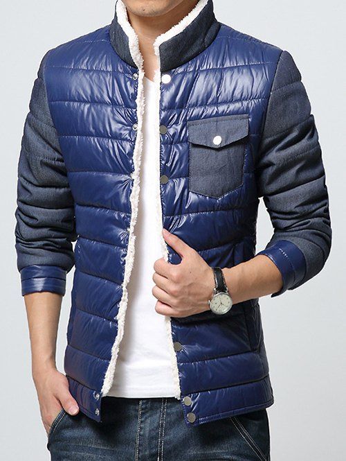 

Stand Collar Fleece Color Block Splicing Padded Jacket, Cadetblue