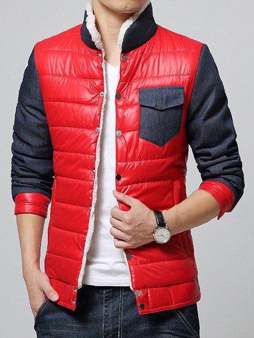 

Stand Collar Fleece Color Block Splicing Padded Jacket, Red