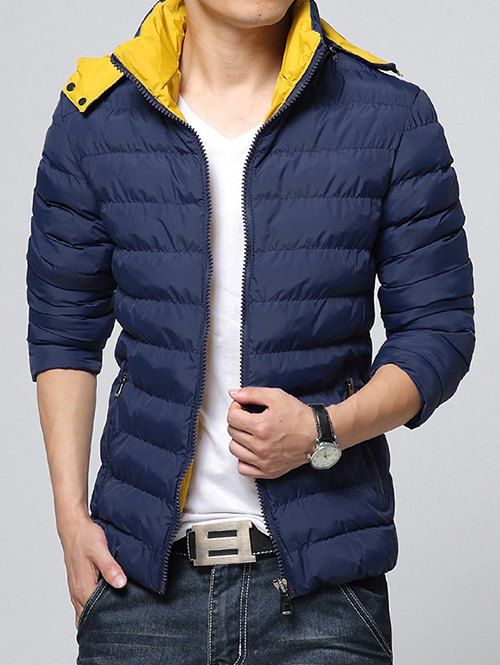 

Color Block Zip-Up Hooded Padded Jacket, Deep blue