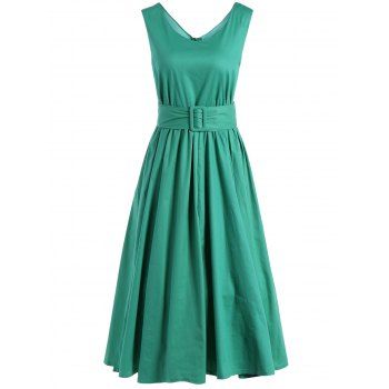 [17% OFF] 2024 Fit And Flare Belted Vintage Dress In GREEN | DressLily