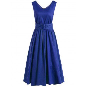 [41% OFF] 2023 Fit And Flare Belted Vintage Dress In BLUE | DressLily