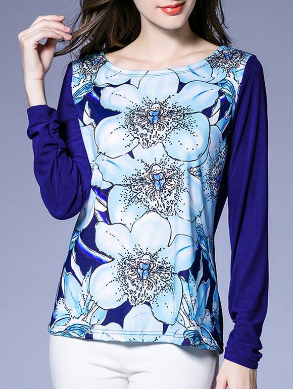 Floral Print épissage T-shirt Manches Raglan - Bleu profond L