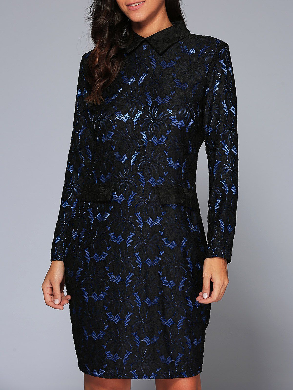 

Long Sleeve Collared Lace Pencil Bodycon Dress, Blue