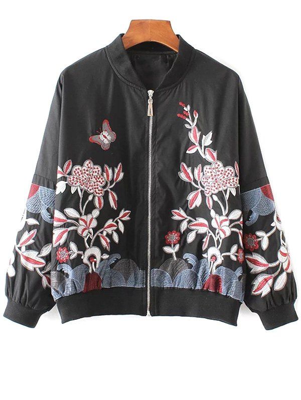

Floral Stand Neck Bomber Jacket, Black
