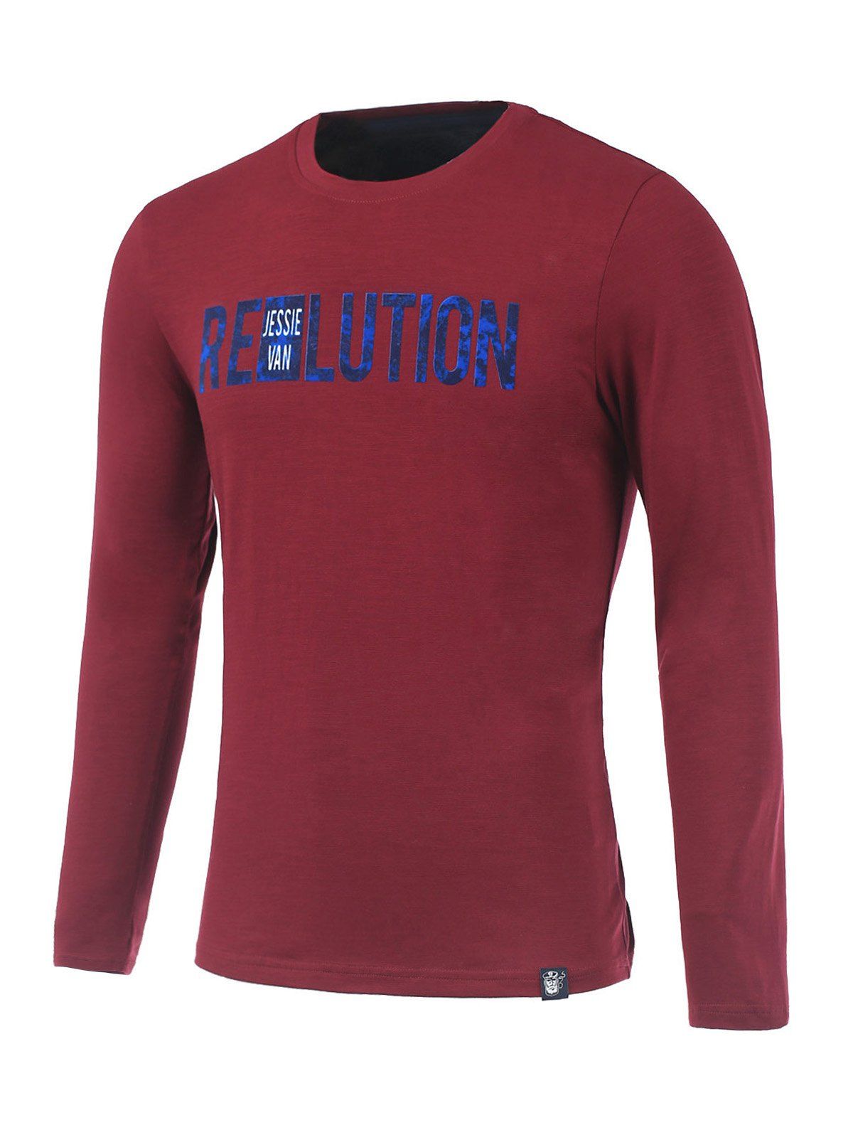 

Letter Splicing Print Long Sleeve Round Neck T-Shirt, Claret