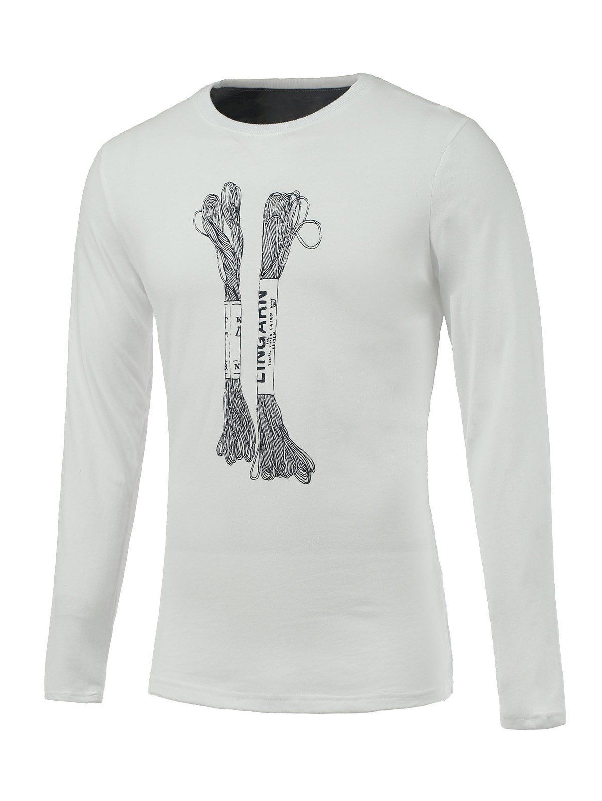 

String Print Long Sleeve Round Neck T-Shirt, White