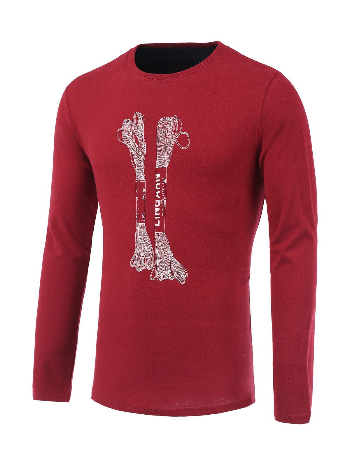 

String Print Long Sleeve Round Neck T-Shirt, Claret