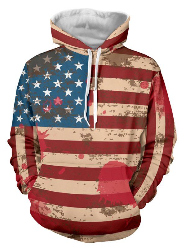

Distressed American Flag Pullover Drawstring Hoodie, Red