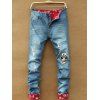 Patched Scratched Pocket Rivet Ripped Cuffed Jeans - Bleu 36
