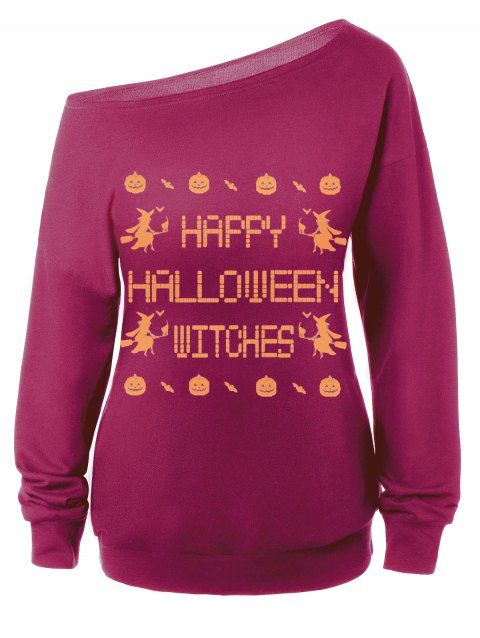 Skew Neck Witches Print Halloween Sweatshirt