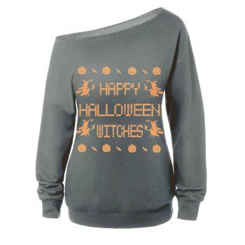 

Skew Neck Witches Print Halloween Sweatshirt, Gray