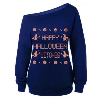

Skew Neck Witches Print Halloween Sweatshirt, Blue
