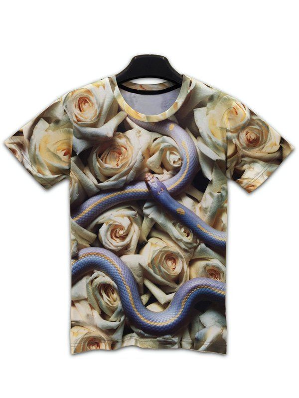 

Round Neck Short Sleeve 3D Snake and Flowers Print T-Shirt, Colormix