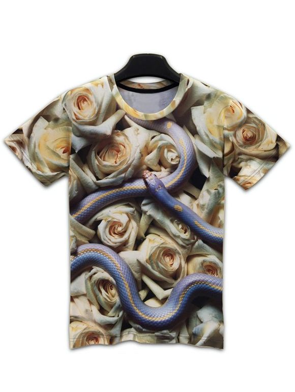 Col rond manches courtes 3D Snake et Fleurs T-shirt imprimé - multicolore M