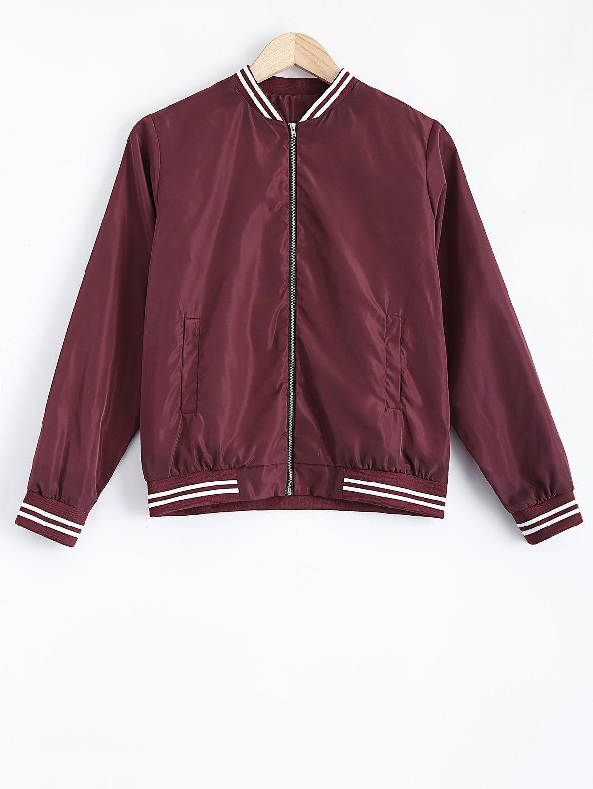 

Striped Hem Zip Design Bomber Jacket, Wine red