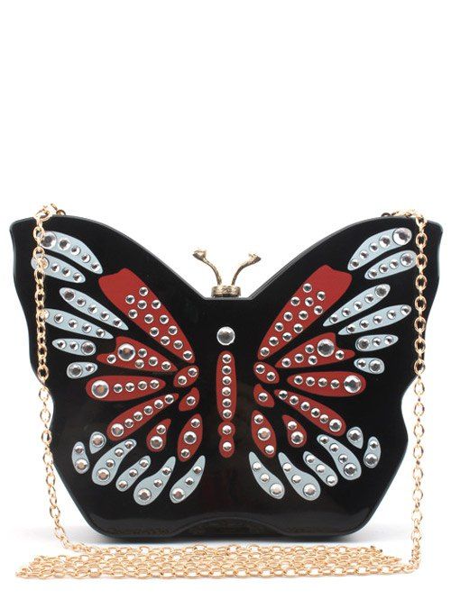 Strass Couleur Splicing Papillon Forme Sac de soirée - Noir 