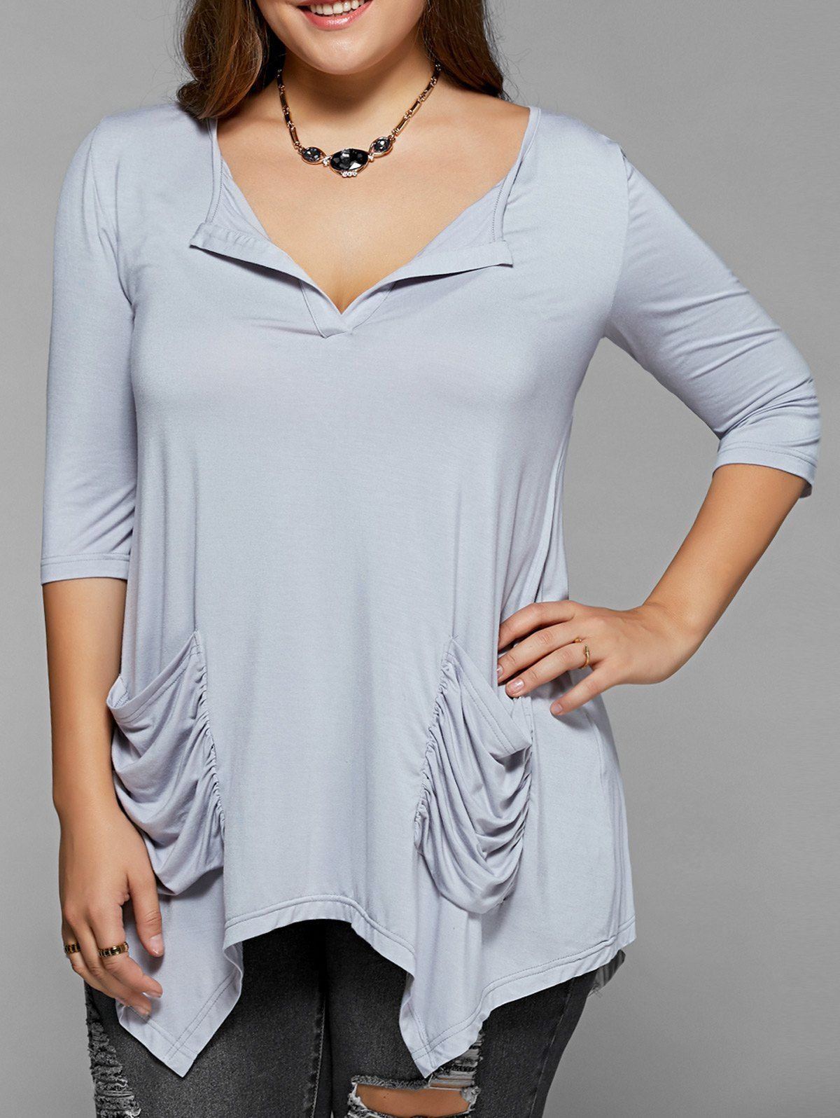 

Ruched Pockets Asymmetrical Blouse, Light gray