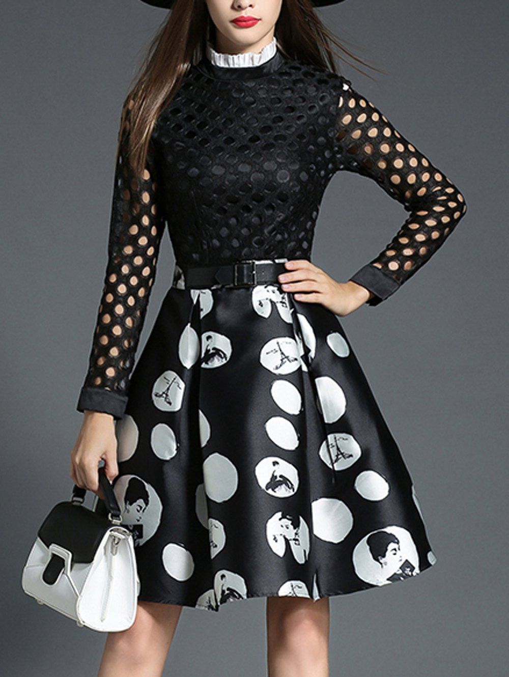 

Openwork Girl Print Dress, Black