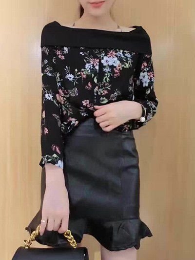 

Convertible Blossom Print Buttoned Blouse, Black