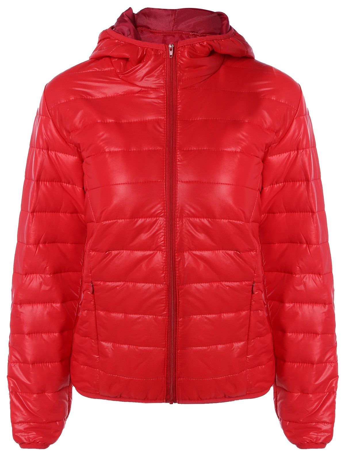 

Topstitching Hooded Quilted Winter Jacket, Red