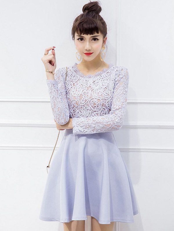 

Long Sleeve Hollow Out Swing Dress, Light gray