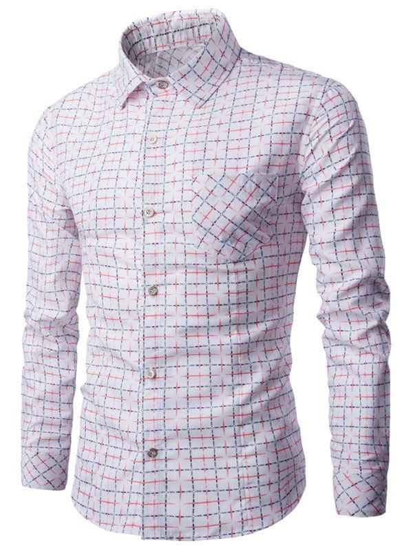 

Grid Print Turn-down Collar Button Up Shirt, White