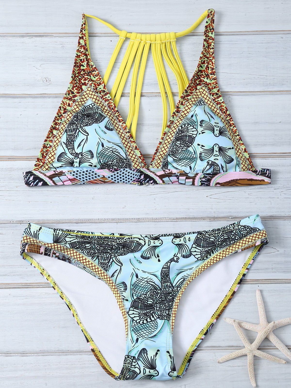 

Strappy Tropical Print Bikini Set, Colormix