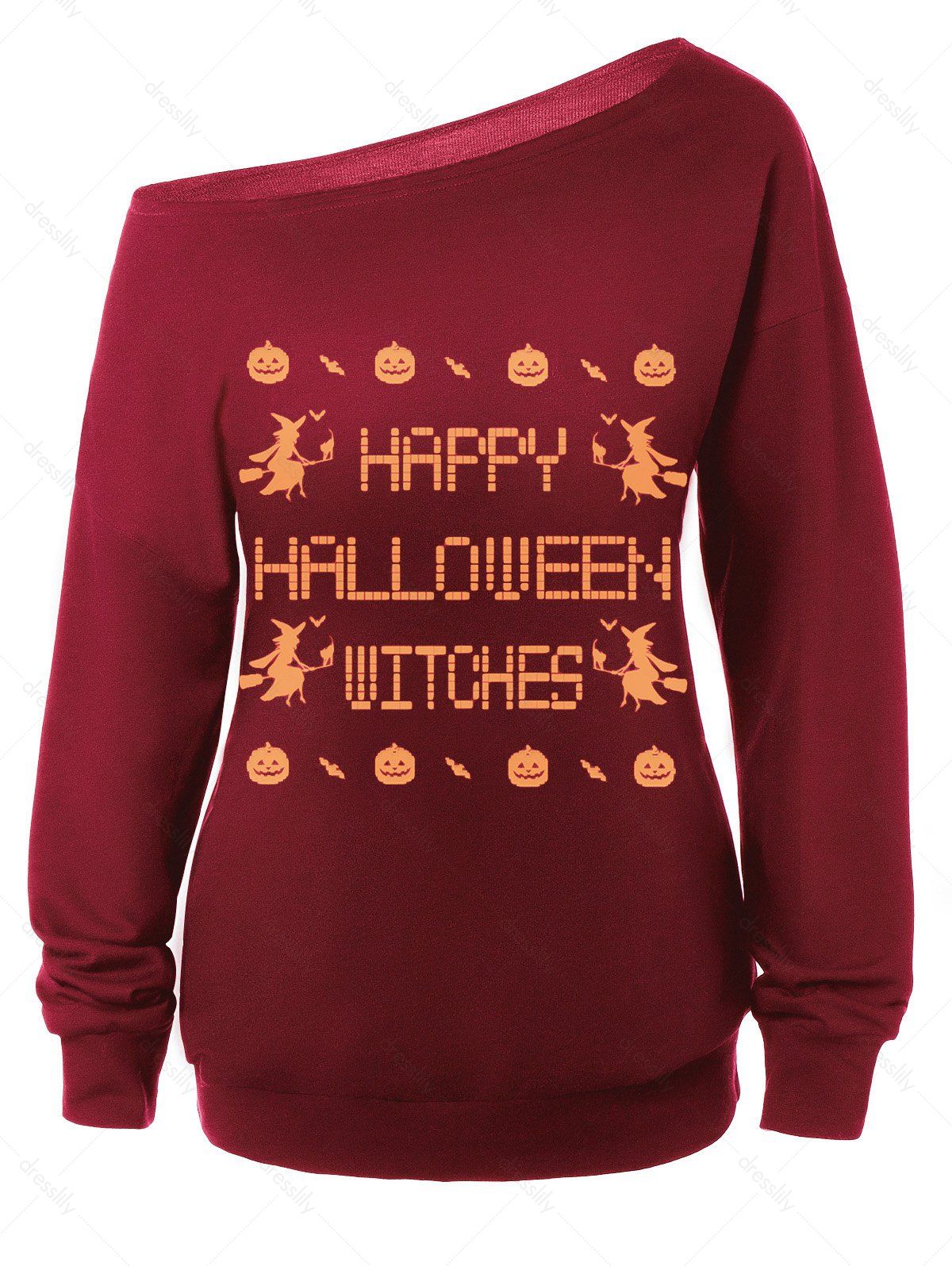 Skew Neck Witches Print Halloween Sweatshirt - RED M
