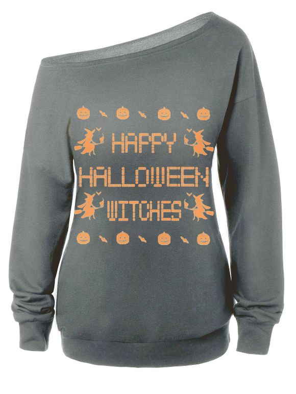 Sweat-shirt d'Halloween à Imprimé Sorcières à Col Oblique - Gris S