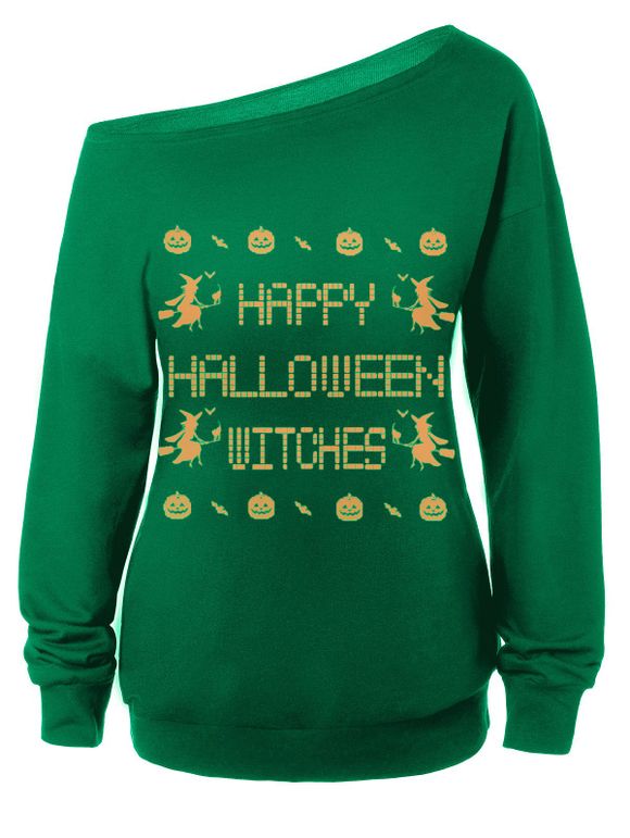 Sweat-shirt d'Halloween à Imprimé Sorcières à Col Oblique - Vert S