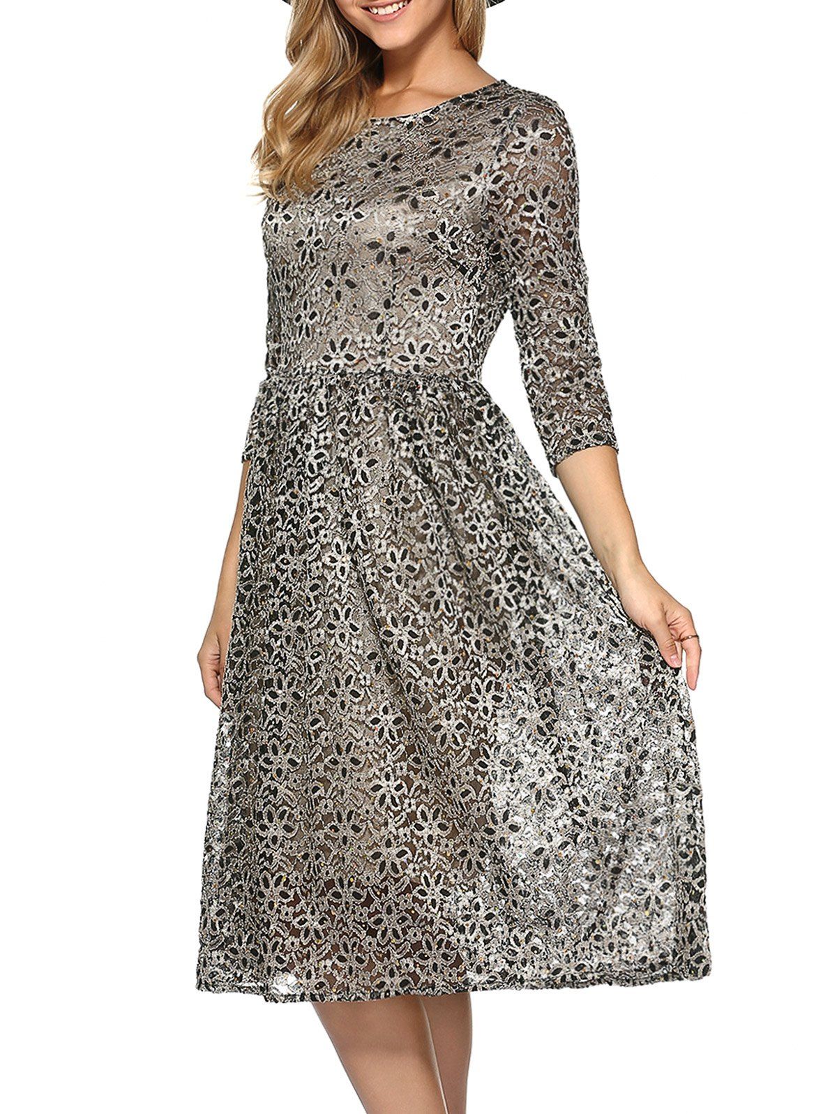 

Rhinestone Embroidery Lace Dress, Khaki