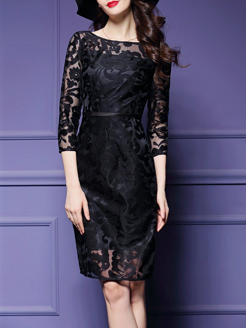 

See-Through Embroidery Sheath Dress, Black