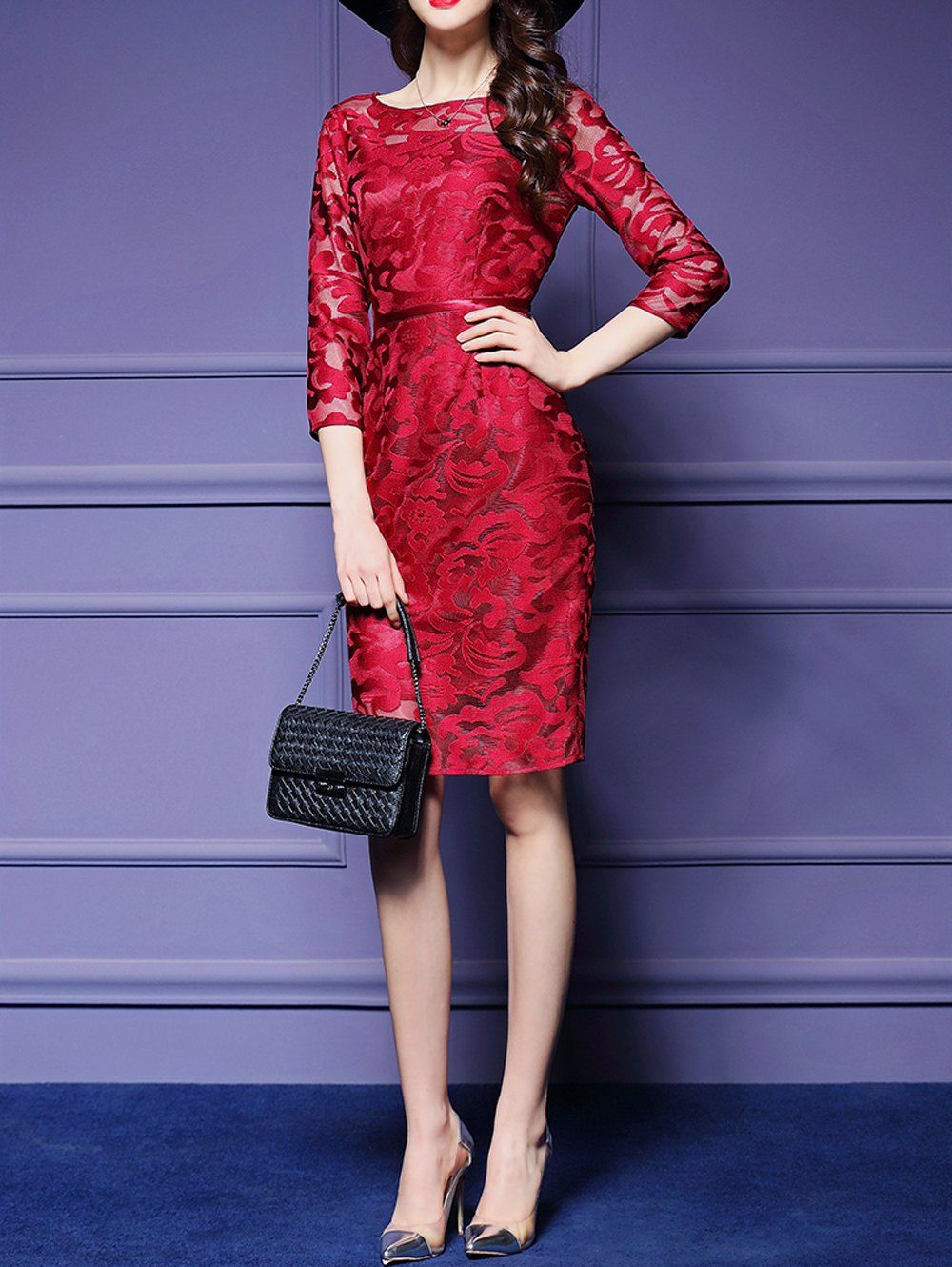 

See-Through Embroidery Sheath Dress, Red