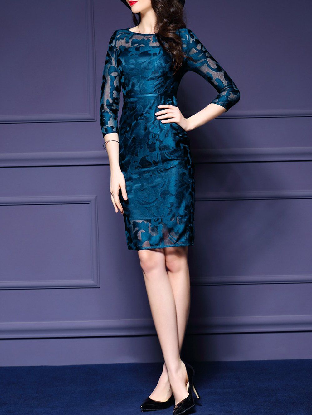 

See-Through Embroidery Sheath Dress, Peacock blue