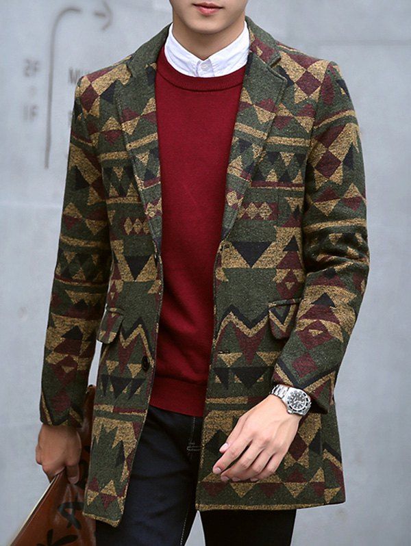 

Plus Size Lapel Vintage Single-Breasted Geometric Print Woolen Coat, Colormix