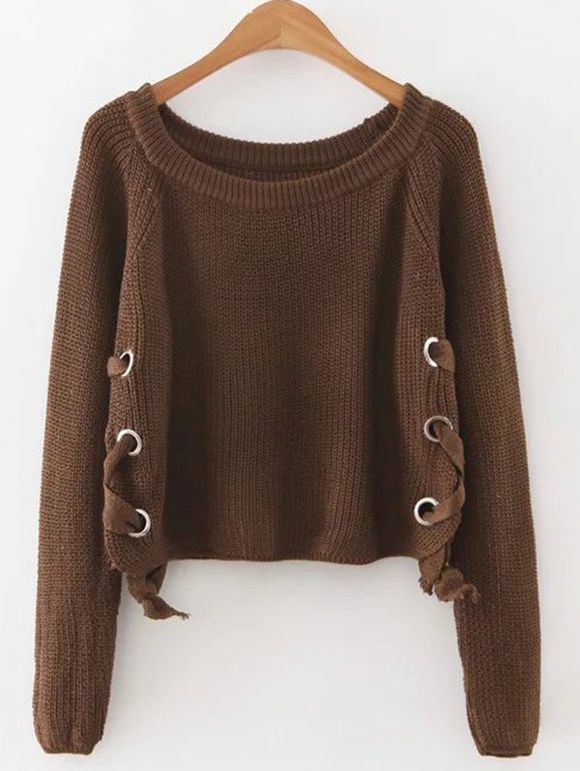 Lace Up Pullover Jumper - COFFEE ONE SIZE