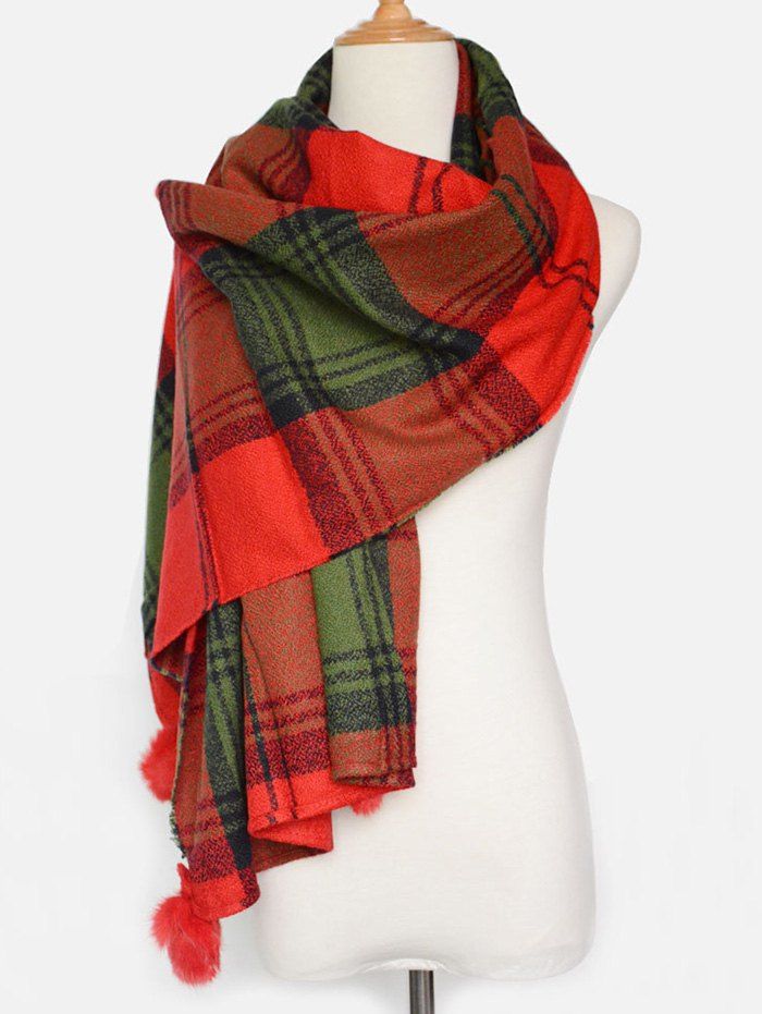 

Warm Tartan Pattern Pompon Pendant Blanket Shawl Scarf, Red