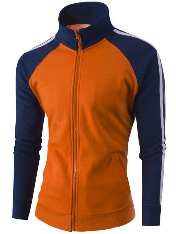 

Stand Collar Raglan Sleeve Zipper-Up Striped Jacket, Orange
