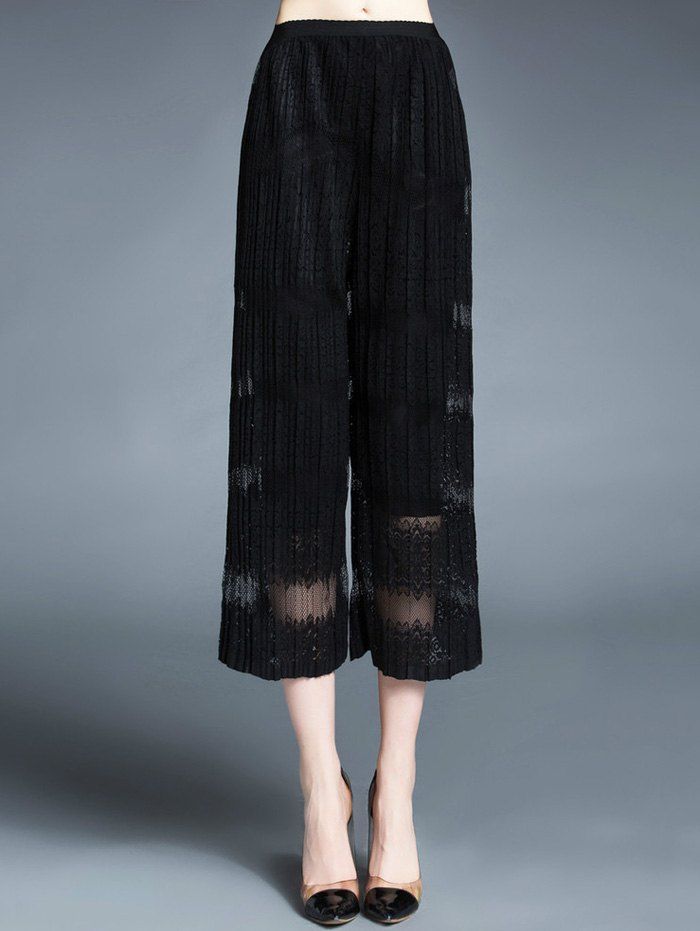 

Elastic Waist Laciness Wide Leg Pants, Black