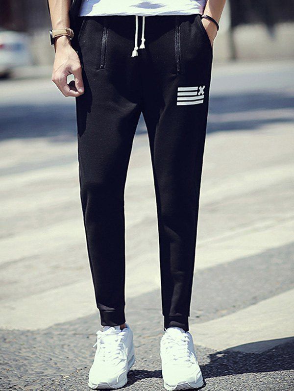 

Skinny Drawstring Waist Zipper Embellished Pants, Black