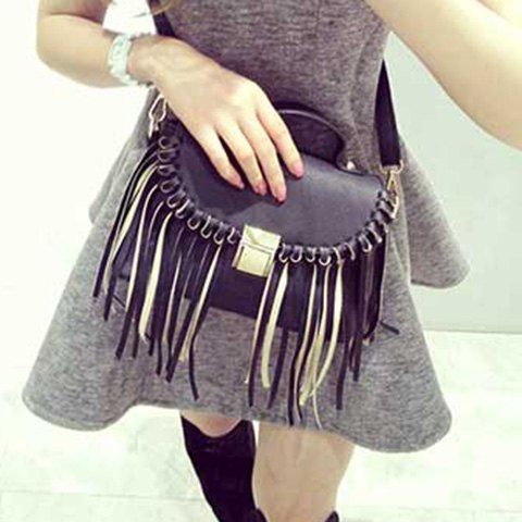 

Leather Hasp Fringe Crossbody Bag, Black