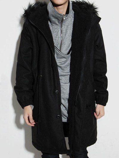 

Elastic Cuffs Fur Hooded Drawstring Sherpa Coat, Black