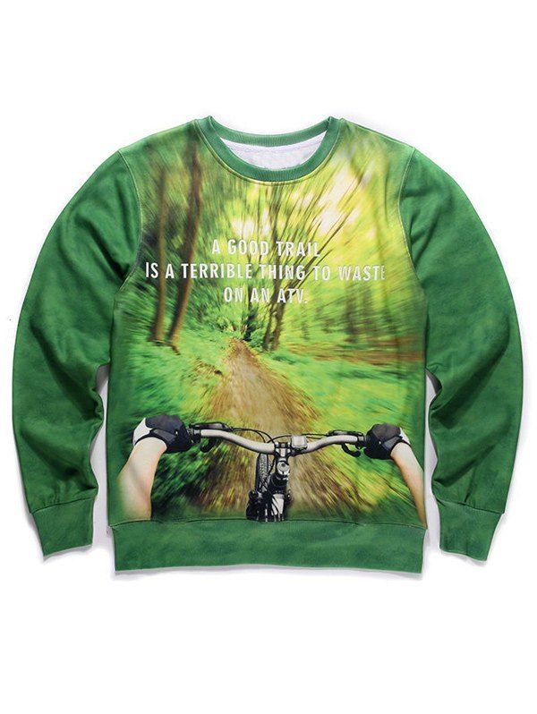 

Round Neck Long Sleeve 3D Forest and Bicycle Print Fleece Sweatshirt, Green