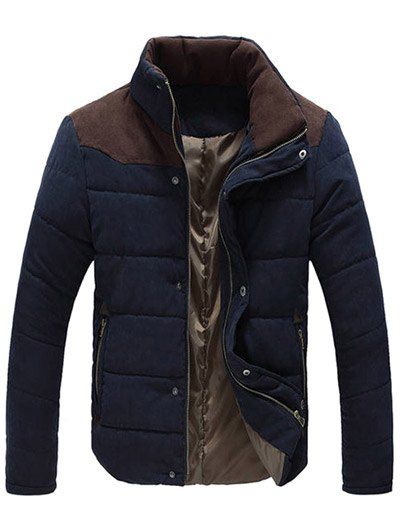 Manteau Matelassé avec Blocs de Couleur à Fermeture Éclair et Boutons de Pression Col Montant pour Hommes - Bleu Violet XL