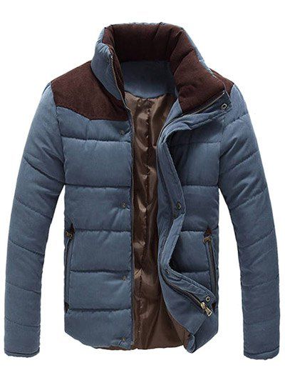 

Color Block Zipper Snap Button Stand Collar Men's Padded Coat, Sapphire blue