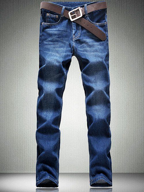 Cinq Pocket Zipper Fly Straight Leg Jeans - Bleu 34