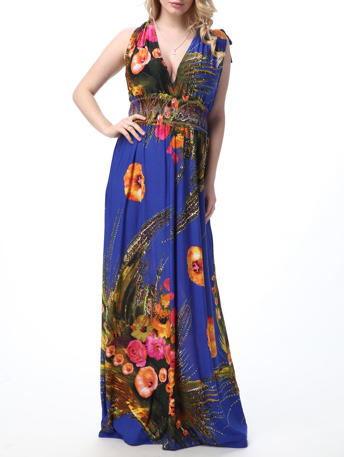 

Floral Print Empire Waist Floor Length Boho Dress, Sapphire blue