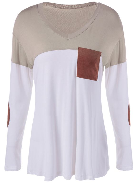 Color Block Simple Pocket T-Shirt - Blanc et Brun XL