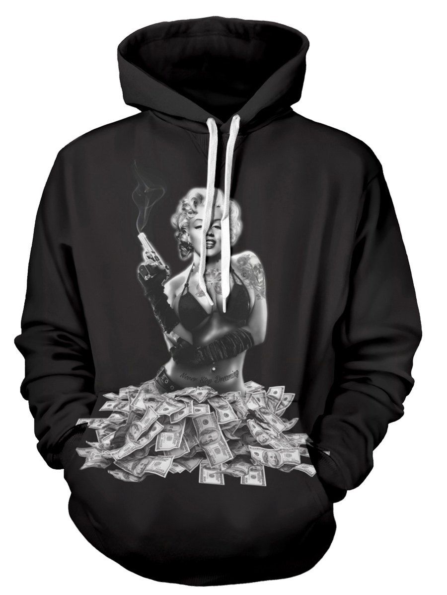 

Hooded Long Sleeve 3D Marilyn Monroe Print Hoodie, Black
