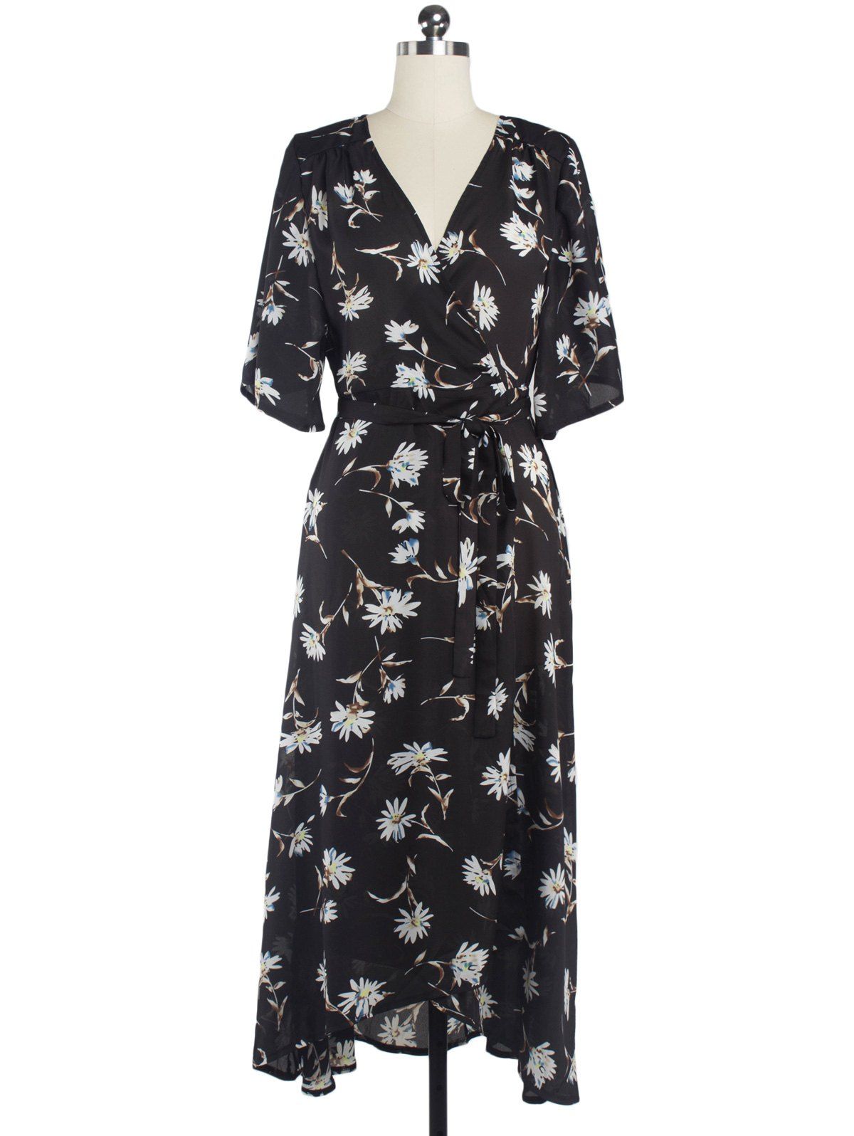 

Floral Chiffon Surplice Maxi Summer Dress, Black